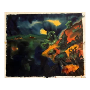 Mid Century Modern 1960’s Original Vintage Abstract Landscape Watercolor Painting Signed