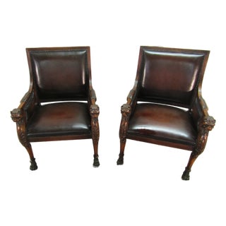 Theodore Alexander Pair of Mahogany Carved Leather Seat Chairs For Sale