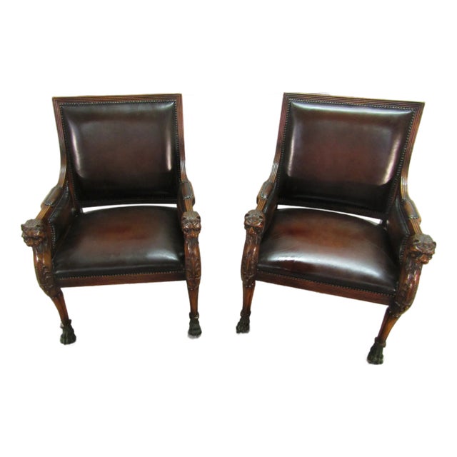 Theodore Alexander Pair of Mahogany Carved Leather Seat Chairs For Sale