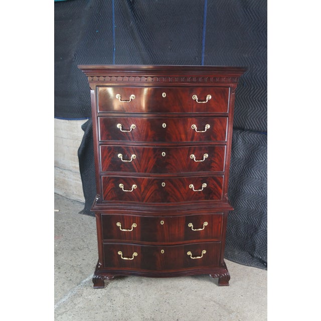 1990s Thomasville 18th Century Collection Flame Mahogany Bow Front Tallboy Highboy Chest Dresser For Sale - Image 13 of 13