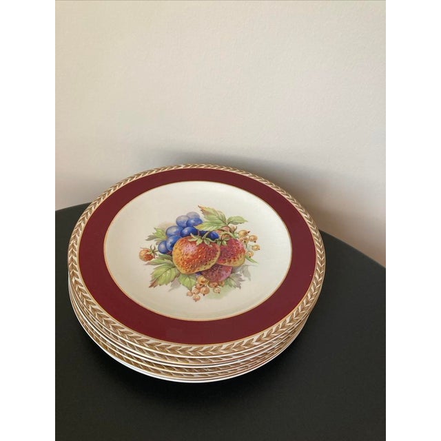 Burgundy Early 20th Century Crown Ducal Red Burgundy and Gold Border Fruit Decorated Porcelain Plates- Set of 6 For Sale - Image 8 of 18