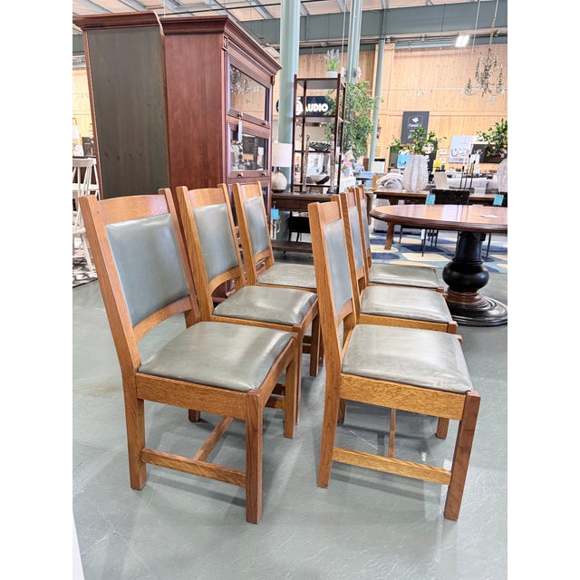 Mission Set of 6 Stickley Mission Oak Leather Cottage Dining Chairs For Sale - Image 3 of 11