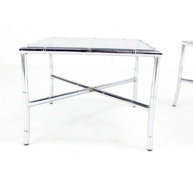 Mid 20th Century Pair of Chrome Faux Bamboo X Base End Tables with Smoked Glass Tops Mid Century For Sale - Image 5 of 5