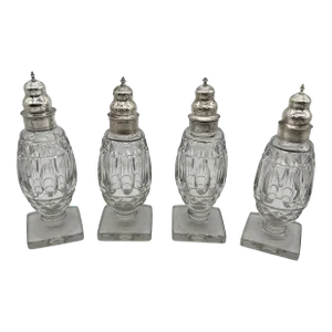 Set of 4 Georgian Silver & Cut Crystal Salt & Pepper Shaker Set