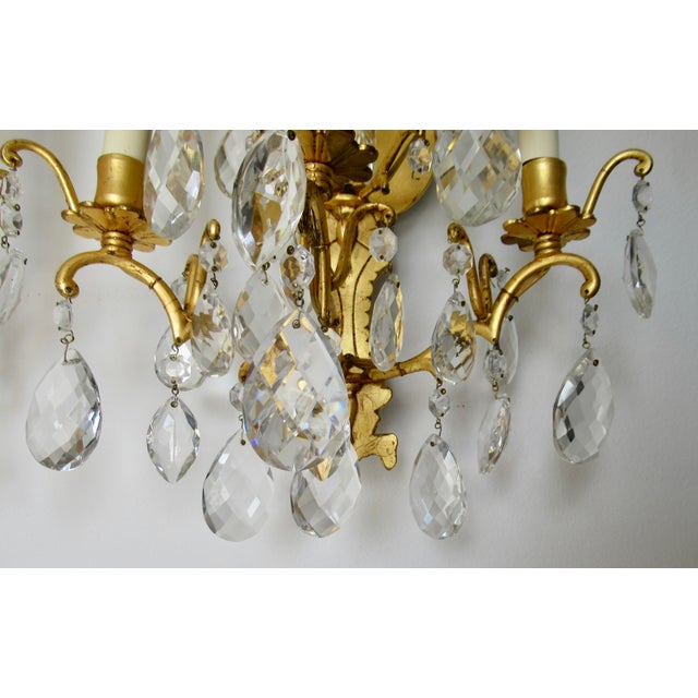 Late 19th Century French Victorian -Style, Gilded Gold & Crystal Drop 5--Candelabra Wall Light Sconces - Pair For Sale - Image 13 of 17