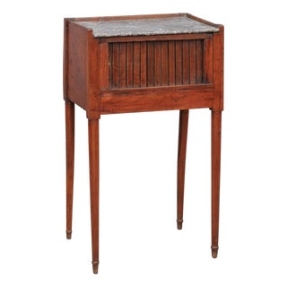 French 1860s Walnut Side Table with Tambour Door, Marble Top and Tapered Legs For Sale