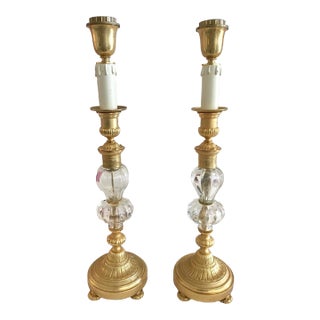 Jansen Style Gilt Bronze and Clear Glass Table Lamps - a Pair For Sale