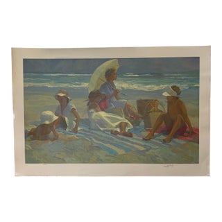 Pleasant Beach Scene of a Family Under an Umbrella on the Beach Original Serigraph by Don Hatfield May 1988 For Sale