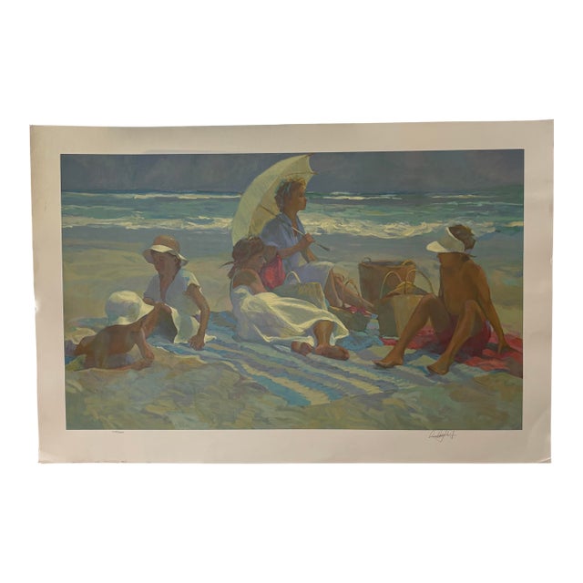 Pleasant Beach Scene of a Family Under an Umbrella on the Beach Original Serigraph by Don Hatfield May 1988 For Sale
