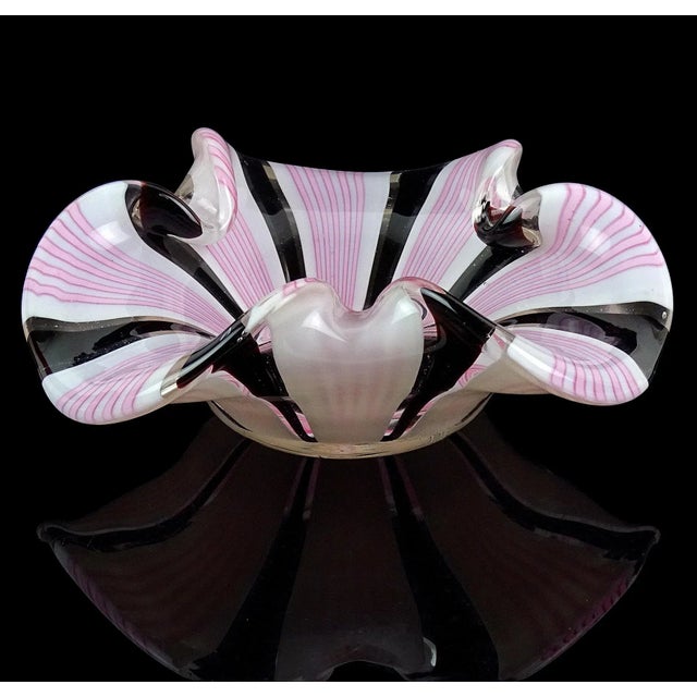 Glass Vintage Murano Pink Black White Alternating Ribbons Italian Art Glass Decorative Folded Edges Bowl For Sale - Image 7 of 9