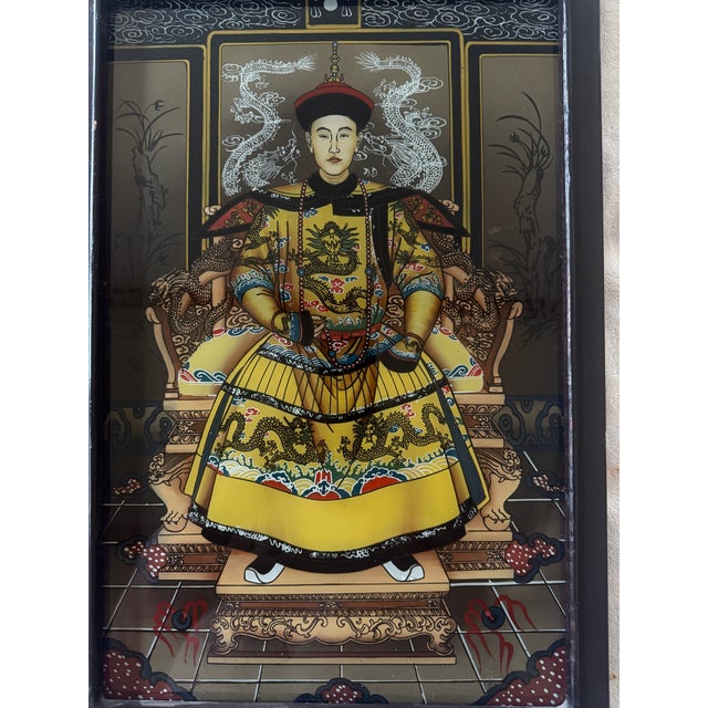 1920s Pair of Chinese Reverse Glass Ancestral Portraits of Emperer and Empress Qing Dynasty For Sale - Image 12 of 15