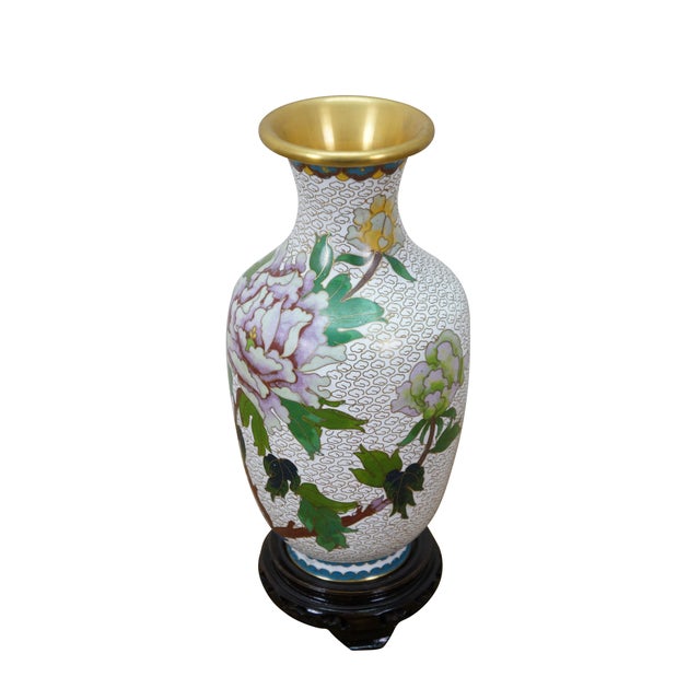 Vintage Chinese cloisonné enamel vase with a chrysanthemum / peony and bluebird motif set against a field of white clouds....