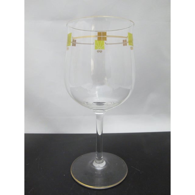 Glass MCM Mid Century Modern Gold & Green Enamel Crystal Wine Glass Goblet Pair For Sale - Image 7 of 8