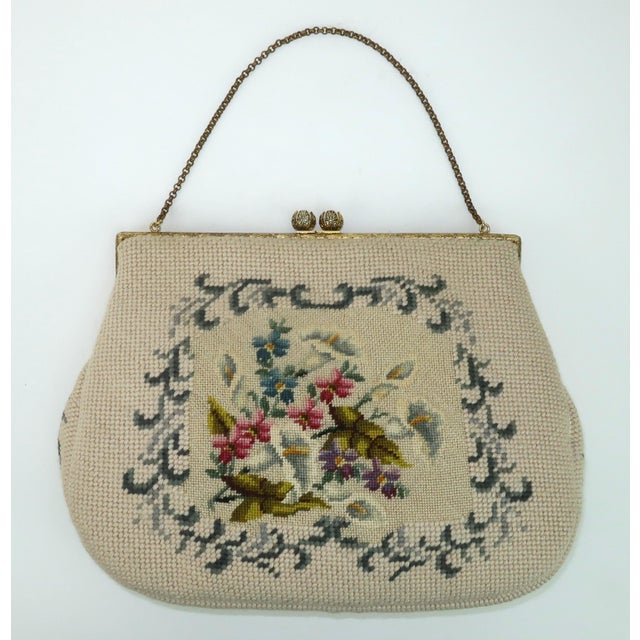 Floral Needlepoint Top Handle Handbag, 1950's For Sale - Image 4 of 14