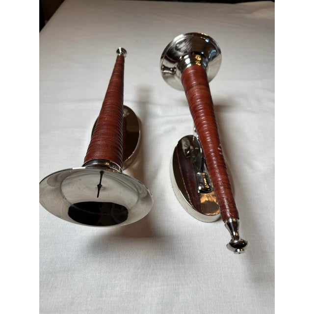 Metal Vintage Rustic Southwestern Polished Chrome and Leather Wrapped Wall Candle Sconces- Set of 2 For Sale - Image 7 of 11