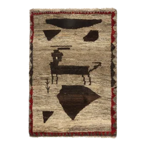 1950s Vintage Gabbeh Tribal Rug in Brown Geometric Pattern With Gray and Red Accents
