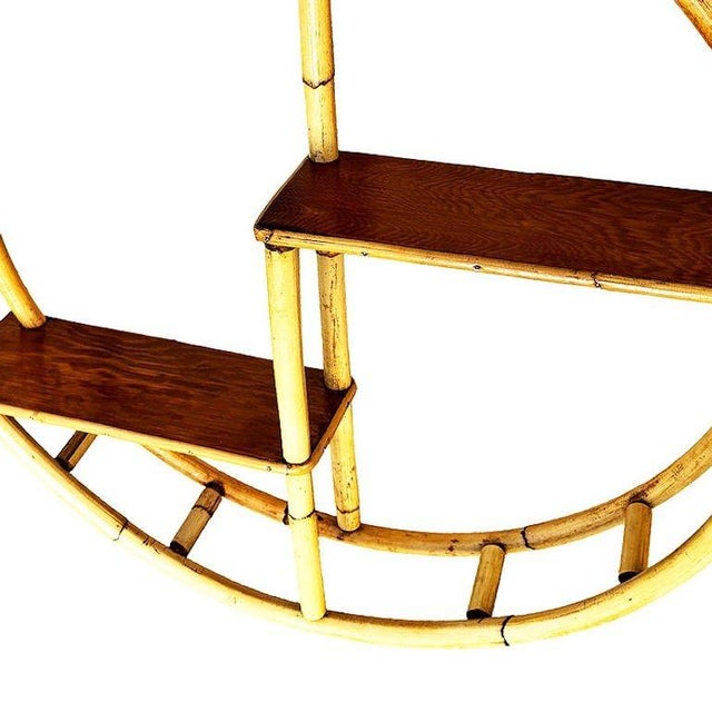 Yellow Restored Mid-Century Circular Rattan & Slat Mahogany "Skeleton" Wall Shelf For Sale - Image 8 of 9
