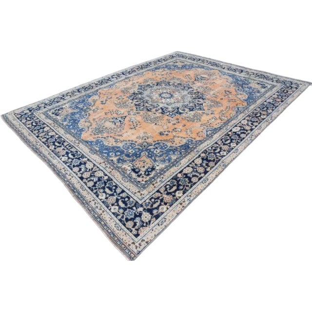 1960s Navy Blue & Orange Design Vintage Anatolian Oversize Rug For Sale - Image 10 of 10