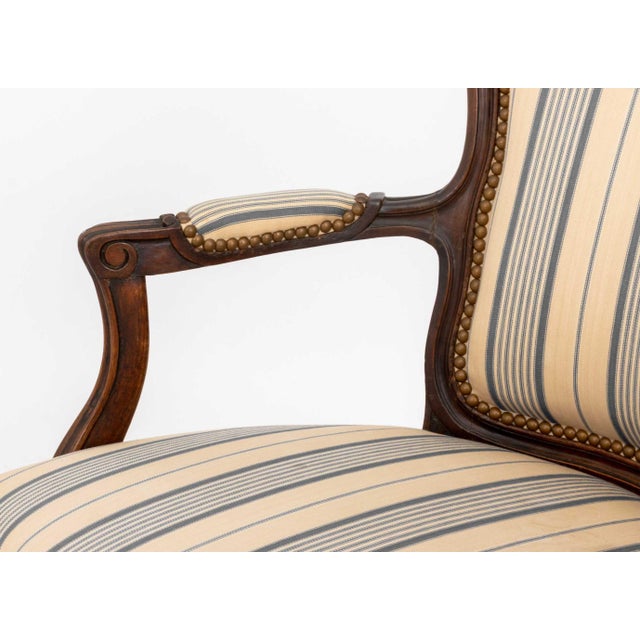 Pair of Louis XV Style Walnut Striped Linen Upholstered Fauteuils For Sale - Image 9 of 9