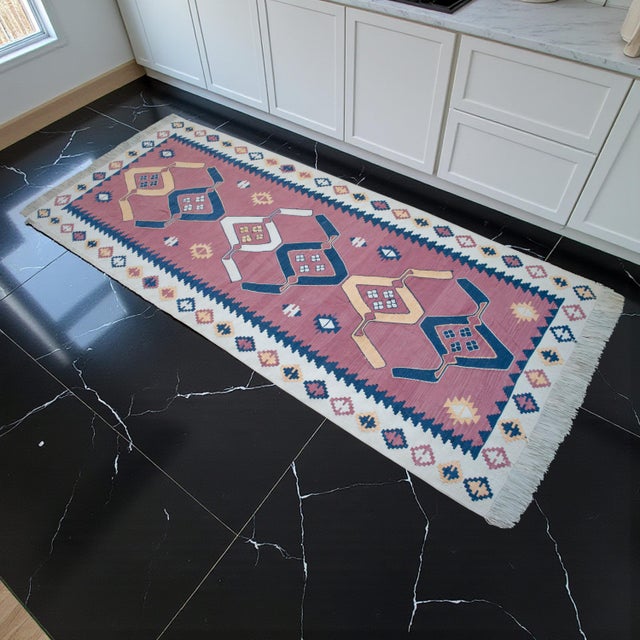 This exquisite, newly woven silk-on-silk flatweave runner originates from the Aegean region of Anatolia, specifically...