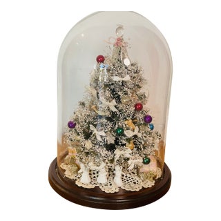 Vintage Artisan Mini Christmas Tree W Angels Under Glass Dome For Sale