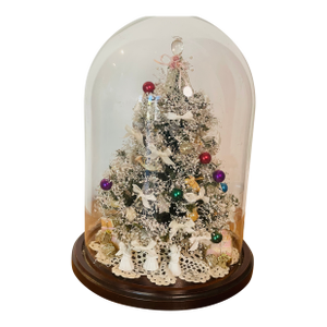 Vintage Artisan Mini Christmas Tree W Angels Under Glass Dome