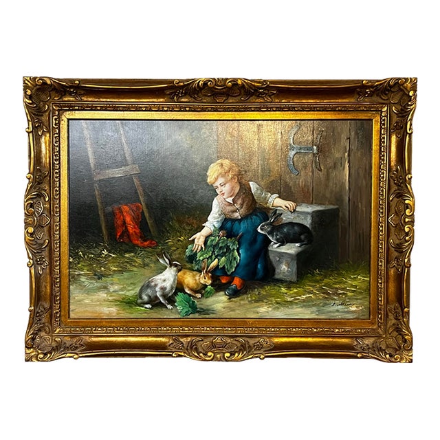 Large Late 20th Century Framed Painting of Child Feeding Rabbits in the Style of Düsseldorf School Artist Felix Schlesinger For Sale