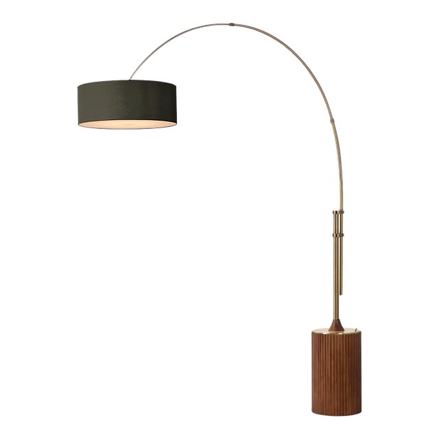 Tambo 92"h 1-Light Arc Lamp, Black Linen Shade, Dark Walnut Base, Weathered Brass, Dimmable, for Living Room or Bedroom For Sale