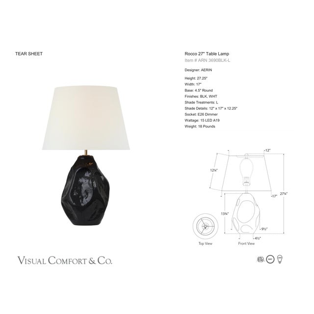 AERIN by Visual Comfort Signature Rocco 27" Table Lamp in Black with Linen Shade Designer: AERIN Height: 27.25" Base: 4.5"...