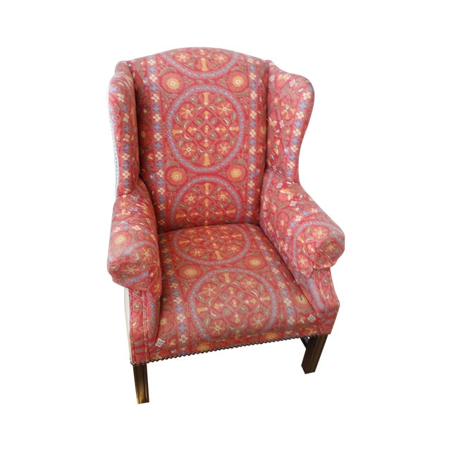 Coral Upholstered Wing Chair | Chairish