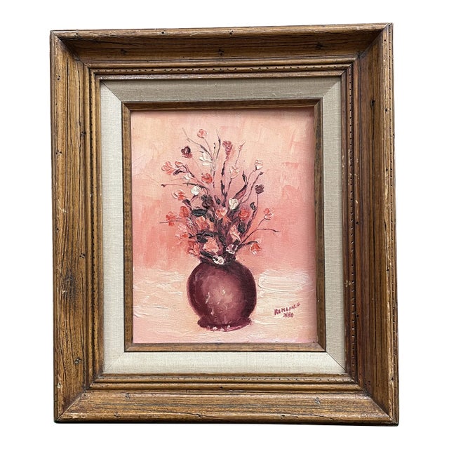 1980s Pink Bouquet of Flowers in Vase Still Life Oil Painting Framed For Sale