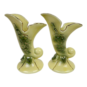 1950s Yellow Floral Cornucopia Vases- Set of 2