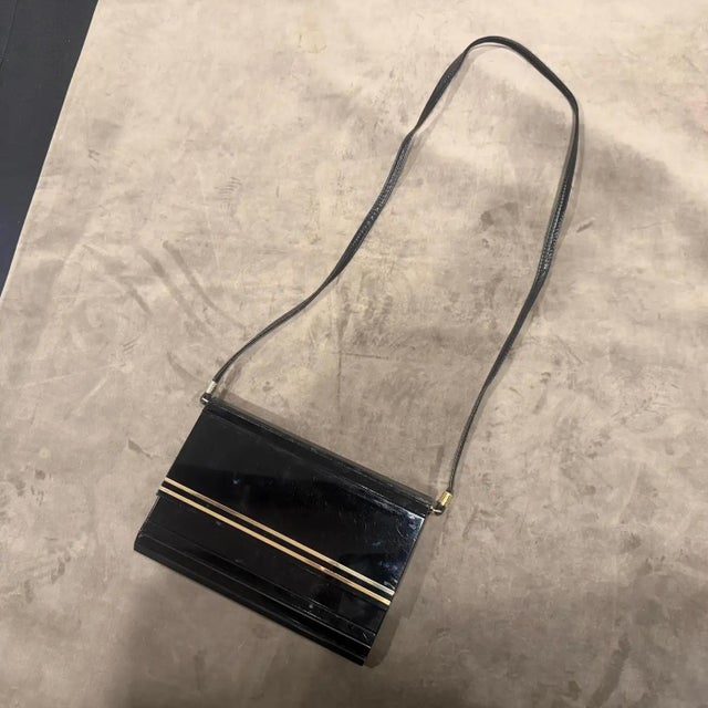 1970s Black Rodoide, Brass and Leather Italian Evening Bag For Sale - Image 15 of 15