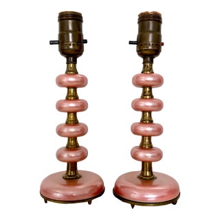 1940s Pair of Pink and Brass Boudoir Accent Lamps - a Pair For Sale