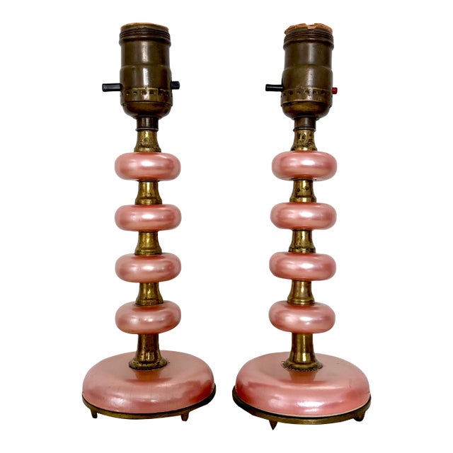 1940s Pair of Pink and Brass Boudoir Accent Lamps - a Pair For Sale