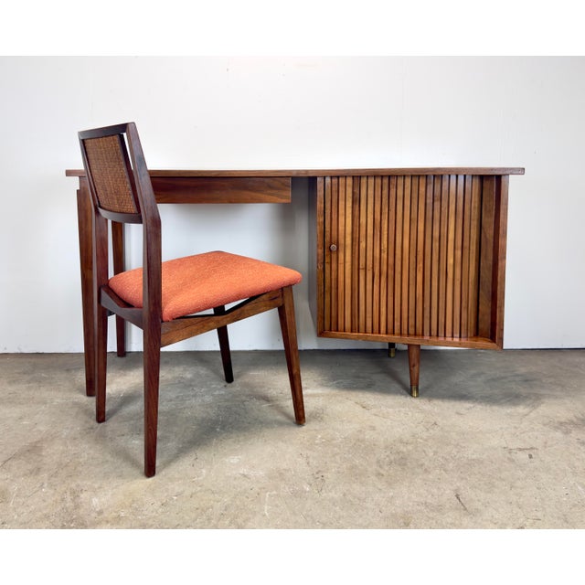Mainline by Hooker Mid Century Modern Walnut Tambour Door Writing Desk & Chair Trapezoidal Top For Sale - Image 4 of 12