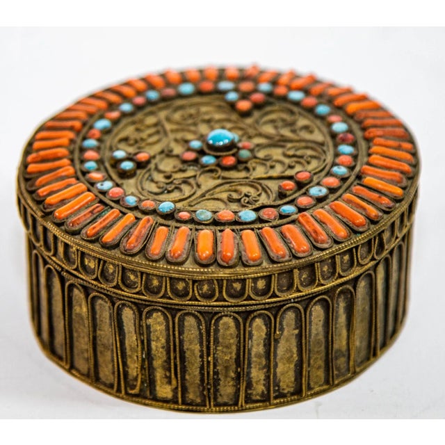 Brass Antique Asian Tibetan Brass Filigree With Turquoise and Red Beads Ceremonial Box For Sale - Image 8 of 12