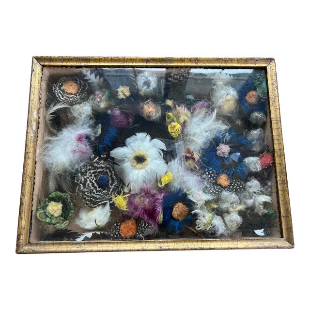 Antique Primitive 19th Century American Victorian Flower Feathers Framed in a Wood Shadow Box Shadow Box For Sale