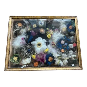 Antique Primitive 19th Century American Victorian Flower Feathers Framed in a Wood Shadow Box Shadow Box