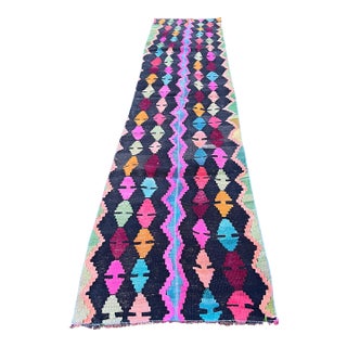 1940s Vintage Diamond Pattern Bright Colors Flatweave Kilim Rug For Sale