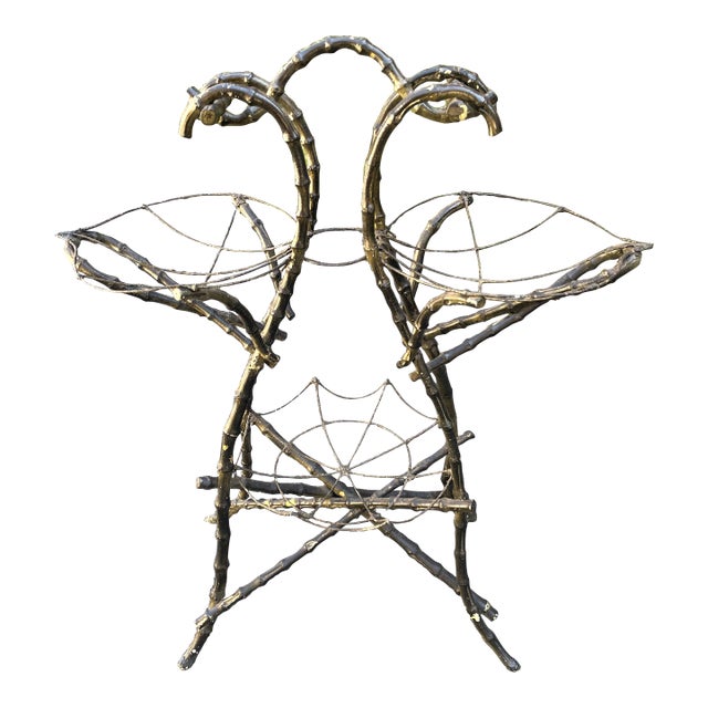 Late 19th Century Gothic Shaped Bamboo Tiered Plant Stand W/Wire Spider Web Holders Painted Black For Sale