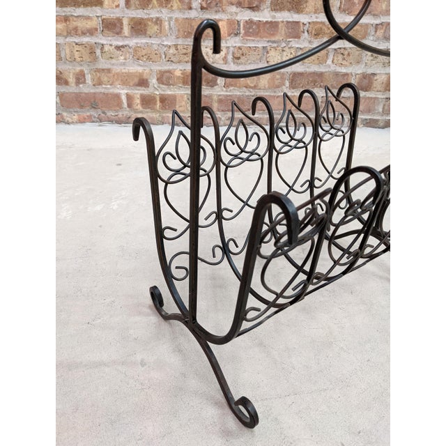 Farmhouse 1970s Shabby Chic Wrought Iron Rattan Magazine Rack For Sale - Image 3 of 8