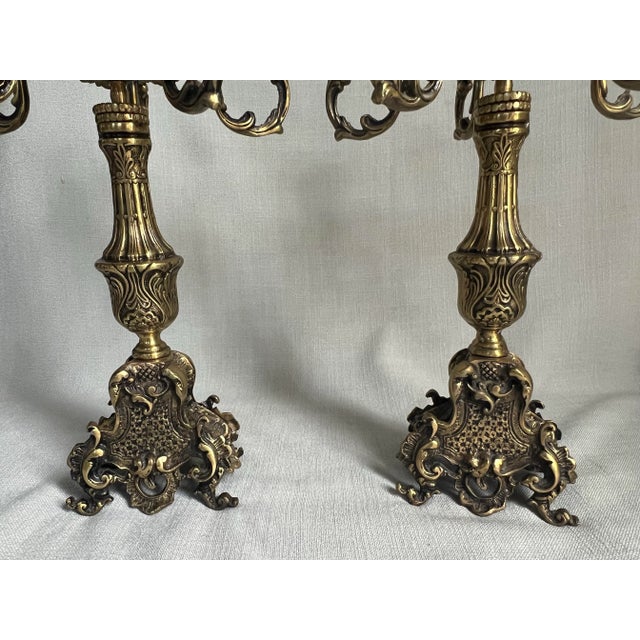 Pair of Antique Ornate French Rococo 5-Arm Brass Candelabras For Sale - Image 9 of 12