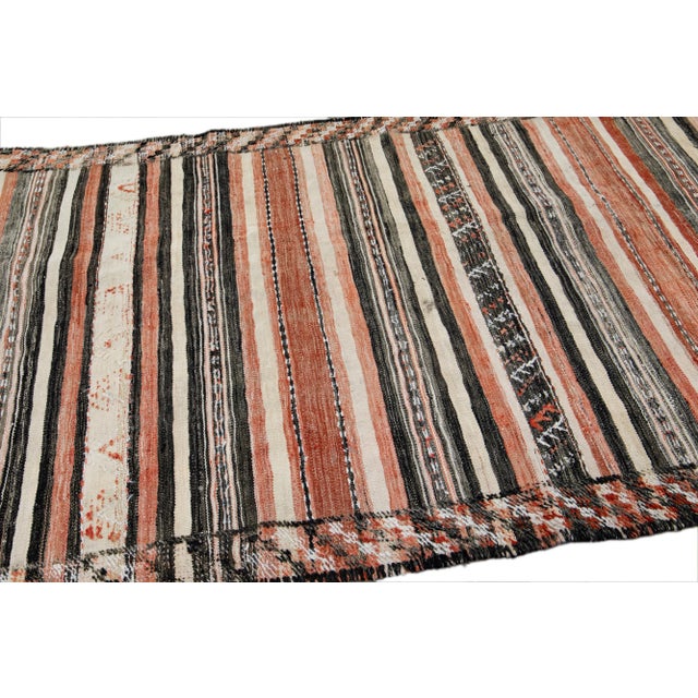 1960s Vintage Kilim Handmade Flatweave Striped Orange and Black Wool Runner For Sale - Image 5 of 10