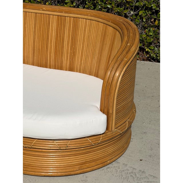 1980s Vintage Curved Pencil Reed Rattan Sofa, With New Sunbrella Upholstery For Sale - Image 13 of 14