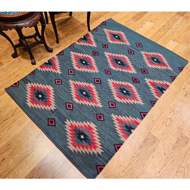 Vintage Southwestern Kilim Rug, Flat-Woven Wool, Geometric Pattern, Green & Red, 4x5 For Sale - Image 12 of 13
