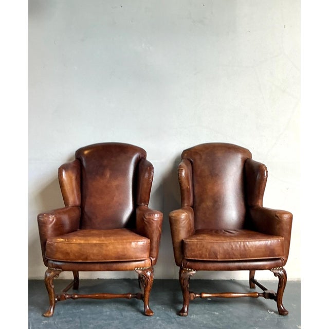 Rustic Vintage Italian Leather Wingback Chairs - A Pair For Sale - Image 3 of 12