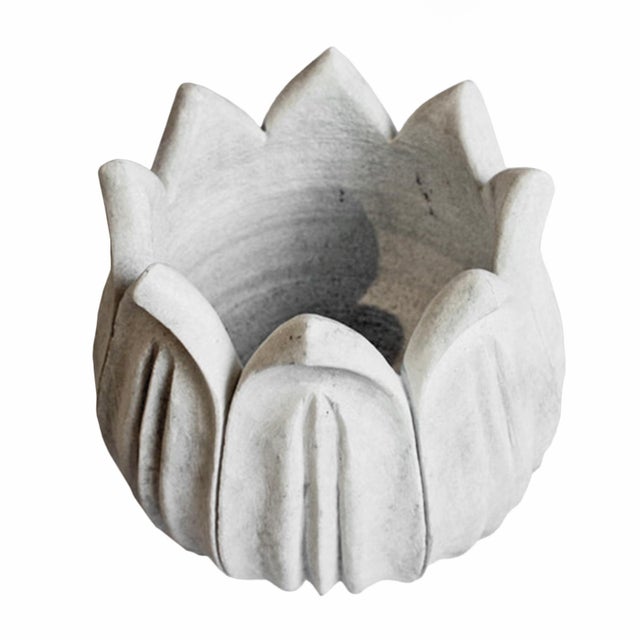 Hand carved white marble tulip pot. Many uses inside or out. Each has natural variations in marble tones/veining and...