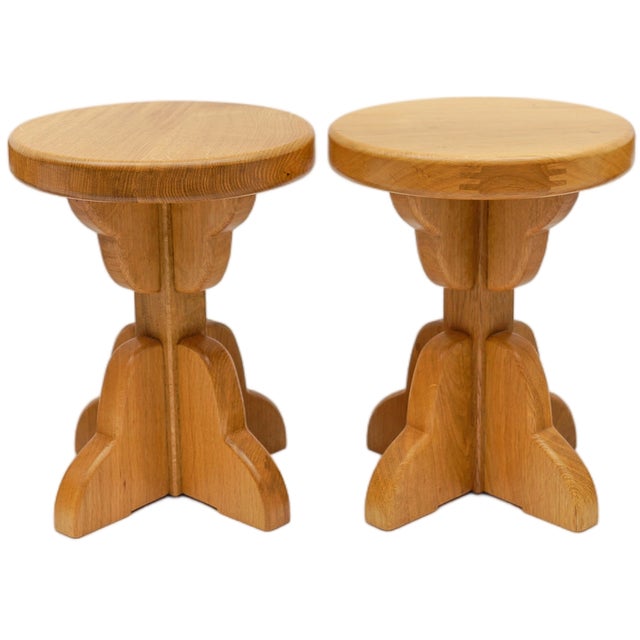 Mid-Century Modern French Oak Stools, 1960s, Set of 2 For Sale