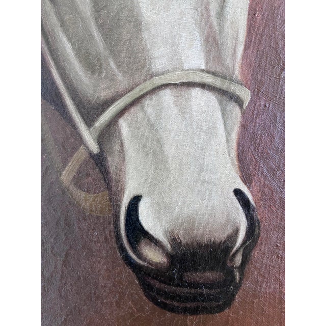 Vintage Original White Horse Oil Painting, Signed Equestrian Portrait - Signed For Sale - Image 9 of 14